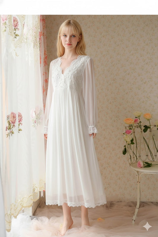 Vintage Long Sleeve Lace Nightgown – Elegant White Sleepwear - SKU #11