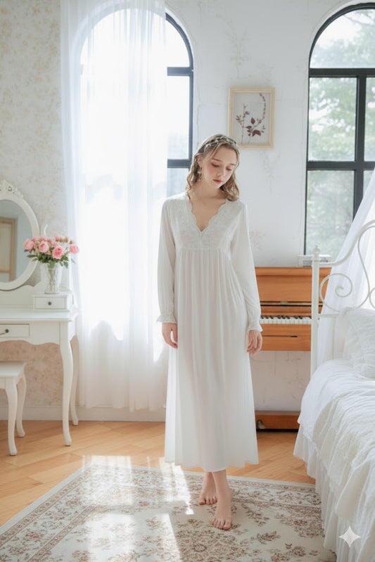 White Lace Long-Sleeve Nightdress - SKU #9